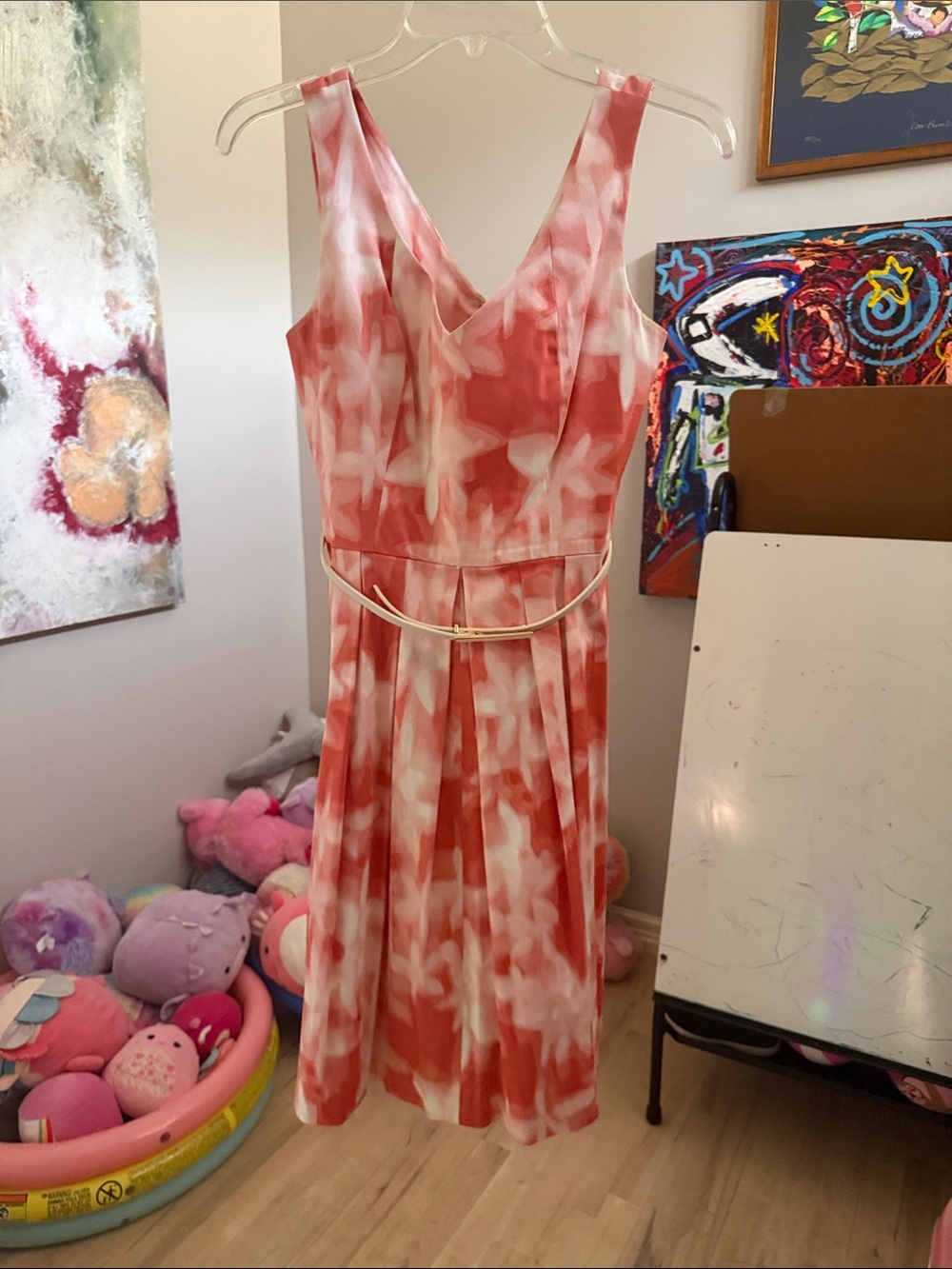 Calvin Klein Coral Pink and White Floral-Print Midi Dress